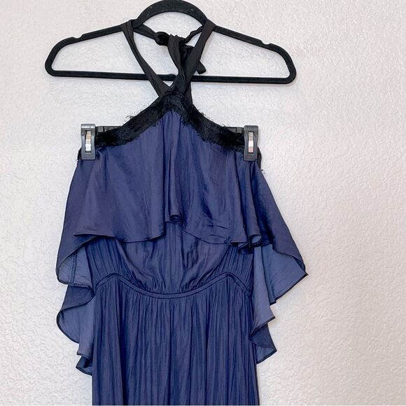 Aqua Popover Lace Inset Halter Silky Midi Dress in Blue/Black size Medium - Picture 4 of 14